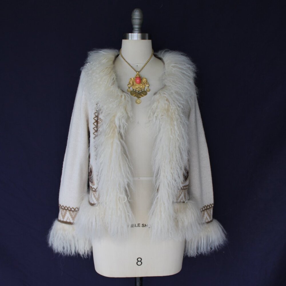 vintage Mongolian Curley lamb wool cardigan cowichan sweater jacket aplique M - Picture 9 of 12